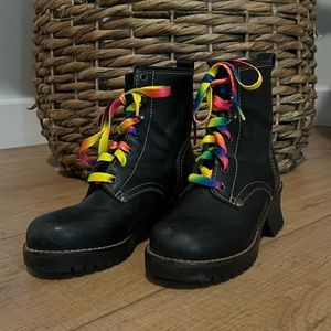 Mia Black Leather Stacked Heeled Platform Lace Up Combat Boot Size 6